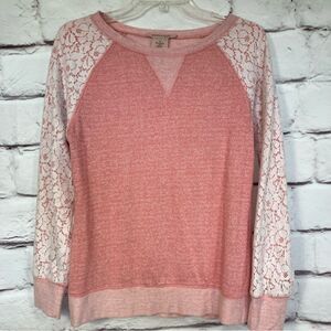 Philosophy Island Pink Coral Heather Sweater with Lace Overlay Sleeves SZ M
